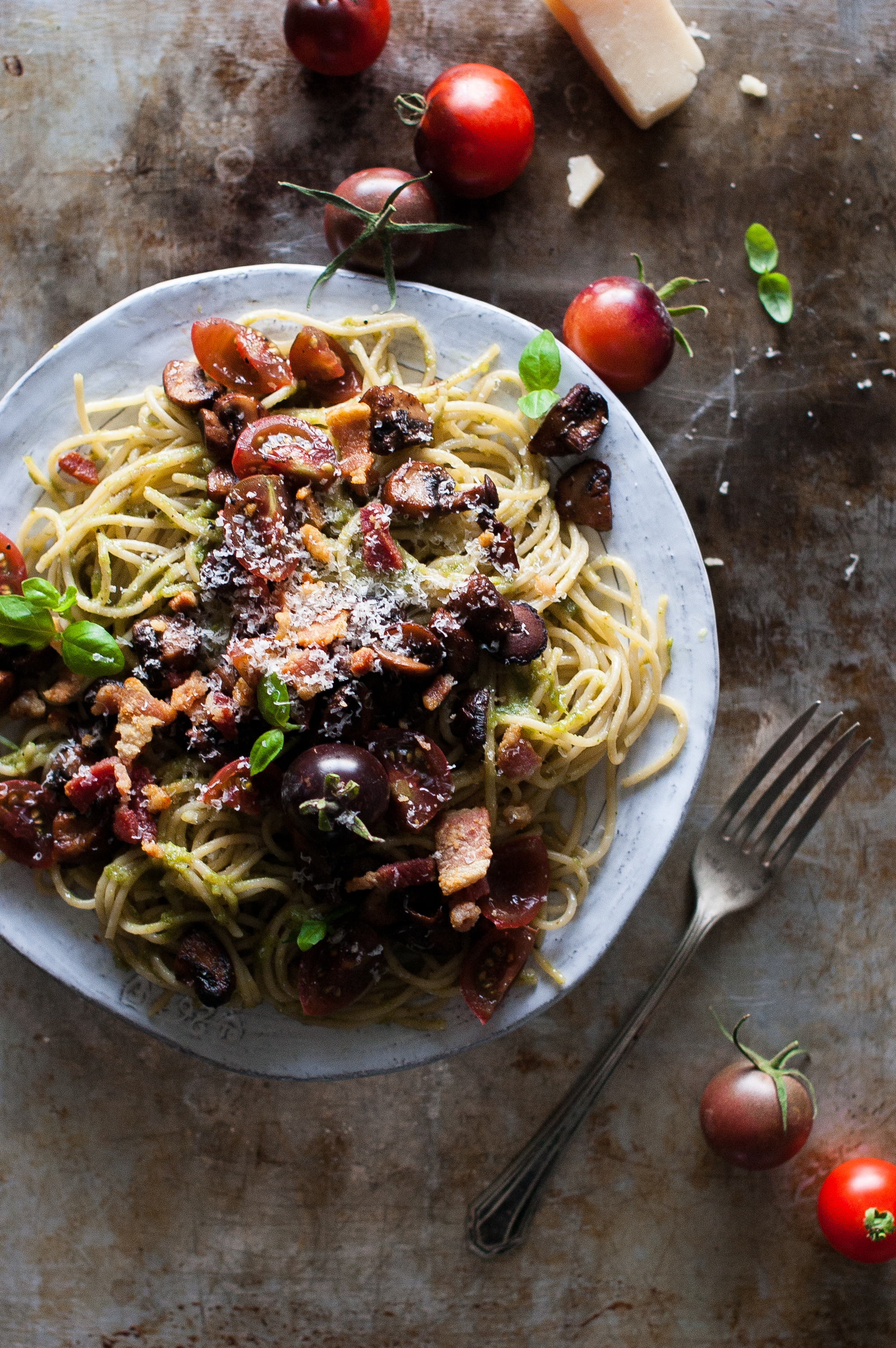 Pesto Pasta with Crispy Salt Pork, Sauteed Mushrooms, & Balsamic Tomatoes -  The Kitchen McCabe